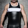 Underpants Men's Sexy Leather Match Mesh Sport Casual Vest Round Collar Tight Plain