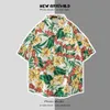 Short sleeved shirt mens summer Korean version trend loose Hawaiian ruffian handsome seaside flower shirt trend