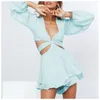 Casual Dresses Sexy Deep V Hollow Out Dress Summer Women's Fashion High Street Long Sleeve Jumpsuit Solid Color Wide Leg Pantsuit Skirt