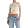 Mulheres camisetas Mulheres Manga Longa Sheer Malha Camisa Tule Ver através de Slim Fit Crop Top Y2K Ruched Saindo Tops Streetwear