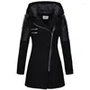 Women's Trench Coats Fashion Long Sleeve Hooded Coat 2024 Autumn Black Zipper 5XL Velvet Women Overcoat Clothes