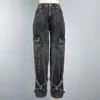 Jeans femininos vintage lavado solto casual com bolsos grandes calças retas de cintura alta y2k perna gravata primavera e verão 2024