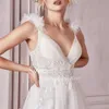 Sexy Lace Applique 3D Flowers Organza Wedding Dress A-line Deep V-neck Spaghetti Straps Floor Length Backless Bride Robes YD