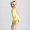 Scene Wear Child Samba Chacha Latin Dance Performance Dresses Girls Yellow Mesh Sleeves Dress Clothes SL9879