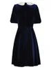 ZJYT Peter Pan Col Robes De Velours pour Femmes Perles Patchwork Vintage Bleu Noir Robe De Soirée Piste De Mode Printemps 2024 240306