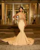 Sexy African Girls Champagne Mermaid Prom Dresses Illusion Bodice Sheer Neck Sleeveless Appliques Long Evening Party Gowns BC18161