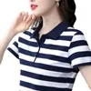 New Womens Shirt Striped Short sleeved T-shirt Womens Summer 2024 New Middle aged Mom Slimming Polo Shirt T