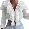 Blouses Femmes Élégant À Volants Feuille Garniture Chemise En Mousseline De Soie Femme Automne Col V Profond Pull Blouse Femmes Style Doux Couleur Unie À Manches Longues