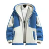 Men's Jackets Fall Winter Men Jacket Colorblock Hooded Zipper Closure Cardigan Thick Plush Warm Long Sleeve Cold Resistant Coat