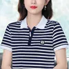 New Womens Shirt Striped Short sleeved T-shirt Womens Summer 2024 New Middle aged Mom Slimming Polo Shirt T