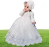 Baby flickor vit dop klänning bebe långärmad födelsedag broderi vintage klänning mesh dopklänning med hatt för nyfödda 12m F2500171