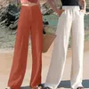 Pantalon d'été en coton et lin pour femmes, jambes larges, décontracté, couleur unie, blanc, ample, taille haute, droit