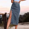 Rokken Zomer Europese en Amerikaanse knoopsluiting aan de voorkant, onregelmatige split, denim, slanke hoge taille, lange rok, casual midi-jeans