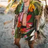 Мужские спортивные костюмы Fashion Hawaii 2PCS комплект пляжного стиля мужские 3D-печать праздничный трендовый комплект воротник рубашка с короткими рукавами Гавайские шорты Q240314