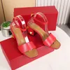 Designer Fashion sandal Woman Summer high heels Roman Studs Heeled Sandals leather sandals Chunky-heel ankle strap sandalies block heels 35-43 red Box dust bag