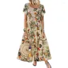 Party Dresses Women O Neck Pullover Elegant Botanical Flower Print Dress Summer Casual Rustic Style Short Sleeve Large Hem Long Gown