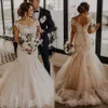 Elegant Off Schouder Mermaid -jurken Appliques Ivory Lace Beige Tule Bridal Wedding Jurys Plus Size Bruid Dress Vestido de Noiva