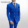 Gwenhwyfar Sky Blue Men Suits Double Breasted Senaste Design Gold Button Groom Wedding Tuxedos Costume Homme 2 Pieces 240311