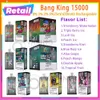 Retail Bang King 15000 Puff Disposable Vape Pen Mesh Coil Rechargeable 650mAh Battery Vapers 0% 2% 3% 5% Level 25ml Prefilled Pod 10 Flavors 15k Puffs Vapor Kit