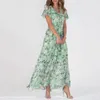 Vestidos de festa com decote em v plissado manga curta maxi vestido cintura apertada cintura alta flowy hem doce floral impressão chiffon roupas femininas