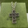 DF Chao brand antique Thai silver retro Cross Pendant with hollow out square g pattern and pure hand-made black plated necklace for men and women