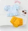 Girls two-piece swimsuits children floral plaid puff sleeve tops ruffle swim trunks 2pcs sets bikini summer beach pool bathing suits kids SPA swimming Z7199