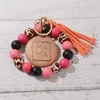 Porte-clés 2024 MAMA Bracelet Porte-clés pour femmes Tassel Bracelet Sac Pendentif Accessoire Léopard Imprimer Bois Perle Porte-clés Cadeau de la Fête des Mères