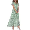 Vestidos de festa com decote em v plissado manga curta maxi vestido cintura apertada cintura alta flowy hem doce floral impressão chiffon roupas femininas