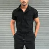 Herrespår enkelt arbete Slim fit Summer Men Street Wear Jumpsuit Single Breasted Solid Costum