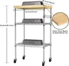 Carro de rodillos de 3 niveles para almacenamiento de cocina con ruedas, estante para microondas, ganchos de alambre ajustables y tapa de madera