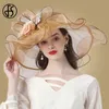 FS Tocado de flores para mujer, sombrero de sol de Organza para boda, ala ancha, sombreros de fieltro grandes elegantes para mujer 240226