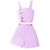 2024 Girls Set Summer Fashion Sleeveless Belt+Shorts Set Solid Button Casual Childrens Clothing 7 8 9 10 11 12 Years Old 240315
