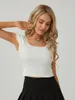 Mulheres Camisetas Moda Mulheres Lace Trim Crop Tops Manga Curta Cor Sólida Pequeno Arco Slim Fit Camisetas Roupas Estéticas XS-L