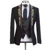 Мужские костюмы, итальянский для мужчин, золотой с вышивкой, шаль с лацканами, приталенный свадебный смокинг жениха, костюм из 3 предметов (куртка, жилет, брюки) 2024