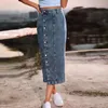 Rokken Zomer Europese en Amerikaanse knoopsluiting aan de voorkant, onregelmatige split, denim, slanke hoge taille, lange rok, casual midi-jeans