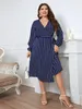 Plus size envoltório com decote em v vestido feminino longo bispo mangas listrado impressão robe cinto aline outono feminino roupas elegantes 240311