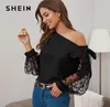 SHEIN Knot Asymmetrical Fold Neck Dot Lantern Mesh Sleeve Top Blouse Women Spring Summer Sheer Glamorous Party Blouses CX2007101671643