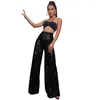 Kvinnors byxor 2024 Fashion Sequins Casual Loose High midje breda ben Kvinnor Solid Color Party Clubwear Sparkle Trousers Flare Flare