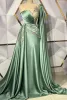 Green One Shoulder Satin Mermaid Evening Dresses Arabic Tulle Lace Applique RuchedSweep Train Women Formal Party wears