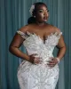 Lyxig charmig arabisk sjöjungfru bröllopsklänningar formella brudklänningar plus storlek illusion full spetsapplikationer kristall pärlmössa ärmar kapell tåg