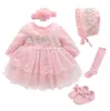 Vestidos de menina Vestidos recém-nascidos para meninas roupas para 0-3 meses conjunto vestido de festa trajes de aniversário 0-1 anos sapatos collants e meias longas de batismo 240315