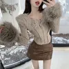 Women's Knits Women Autumn Winter Knitted Sweaters Long Sleeve Faux Fur Collar Cardigans Sweater Short Coat Top Y2K Slim Fit Cropped Tops