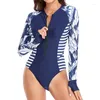 Women's Swimwear Half Zipper Surfing Swimsuit One Piece Long Sleeve Bathing Suit Women Printed Plus Size Rashguard Diving XXL