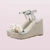 Shell Pearl Wedges Platform Sandaler Kvinnor Summer Gold Sliver Ankle Buckle Strap Party Fashion Beach Shoes Drop Ship9083141