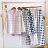 Summer cotton yarn Japanese plaid couple pajama set, women's spring and autumn pure cotton men's long sleeved home clothing two-piece set