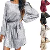 Casual Dresses Women Sequin Dress Long Sleeve Crewneck Sparkly Glitter Mini Short Elegant Wedding Bride Vestido Formal Pretty