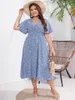 Elegantes Plus Size Damenkleid Blau Grün Hohe Taille Floral Langes Kleid V-Ausschnitt Kurzarm Sexy Sommerkleid 2024 240312