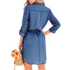 Casual Dresses 2024 Fashion Women's Button Down Tickets Tops With Belt Denim Shirt Dress Long Sleeve Blue Jeans