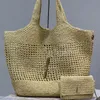 Raffia 빨대 짠 쇼핑 디자이너 핸드백 큰 용량 토트 어깨 어깨 여름 해변 주말 휴가 여행 가방 고품질 금속 편지 금