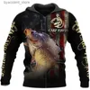 Erkek Hoodies Sweatshirts Sazan Balıkçılık Grafik Zip Hoodie Erkekler İçin Hoodie Giyim Sweatshirt Kadın Hoodies 3d Walleye Pike Sinek Balık Baskılı Kapşonlu Takipler L240315